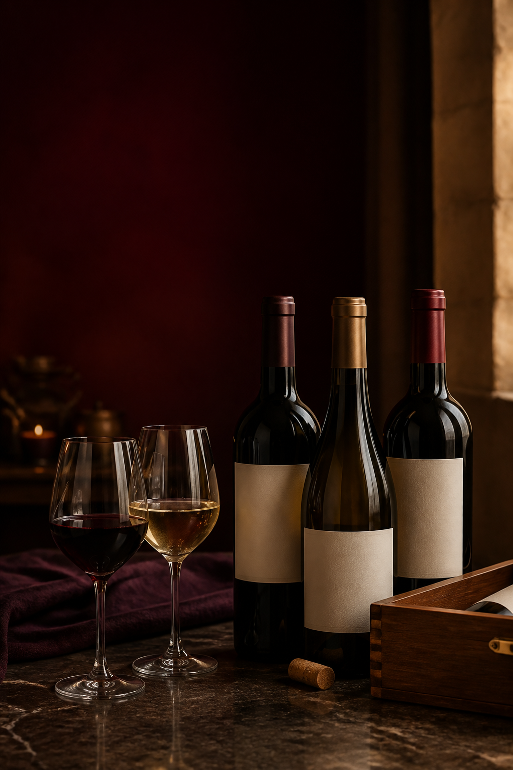 A curated selection of wine bottles and glasses